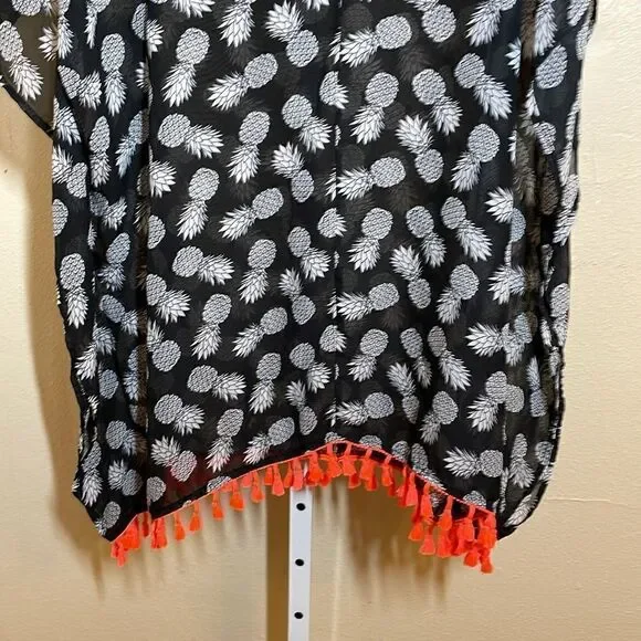 No Boundaries Pineapple Print Kaftan Shawl size XL Black & White semi sheer - Picture 7 of 10